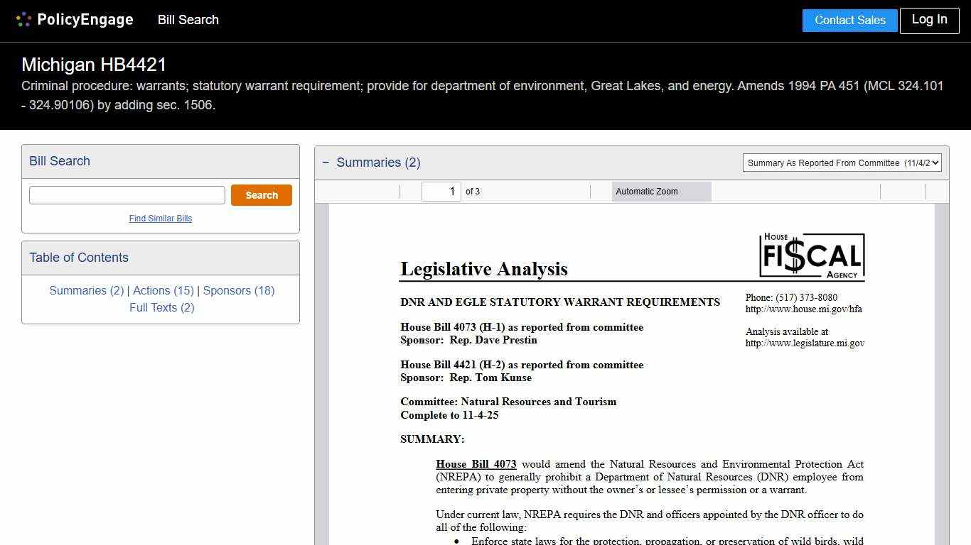 HB4421 Michigan 2025-2026 Criminal procedure: warrants; statutory warrant requirement; provide for department of environment, Great Lakes, and energy. Amends 1994 PA 451 (MCL 324.101 - 324.90106) by adding sec. 1506. - Legislative Tracking PolicyEngage